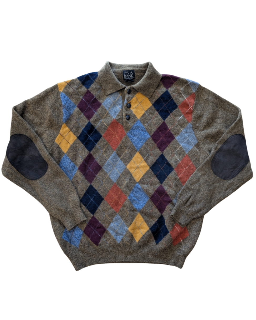 Neutral Argyle Sweater with Elbow Patches