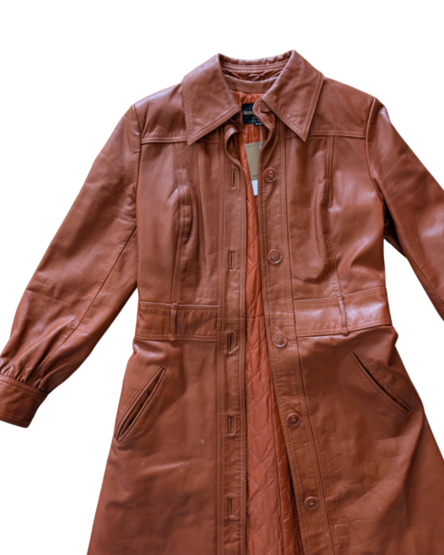 Rust Orange Leather Trench Coat