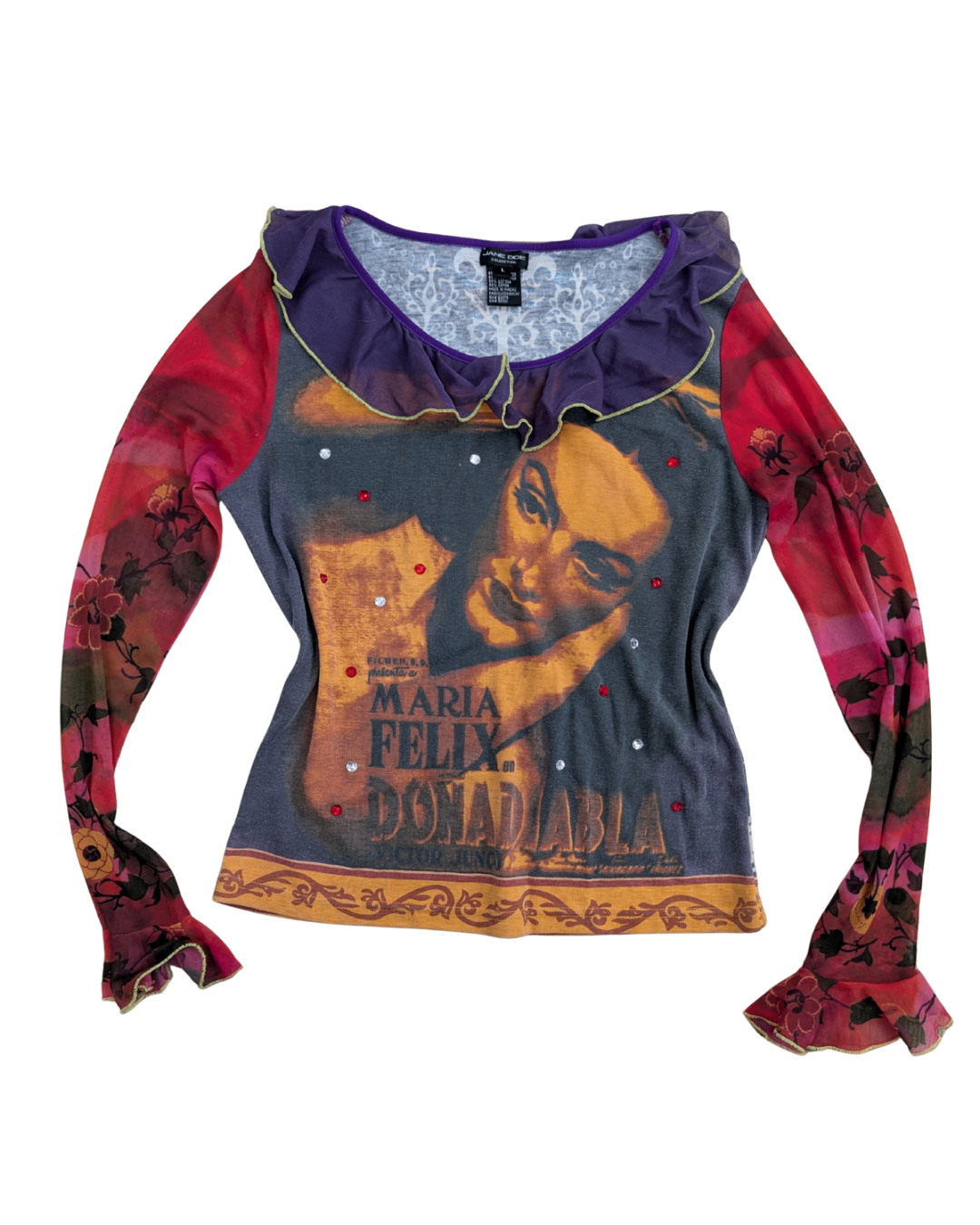 Purple Ruffle Neck Long Sleeve Top Large