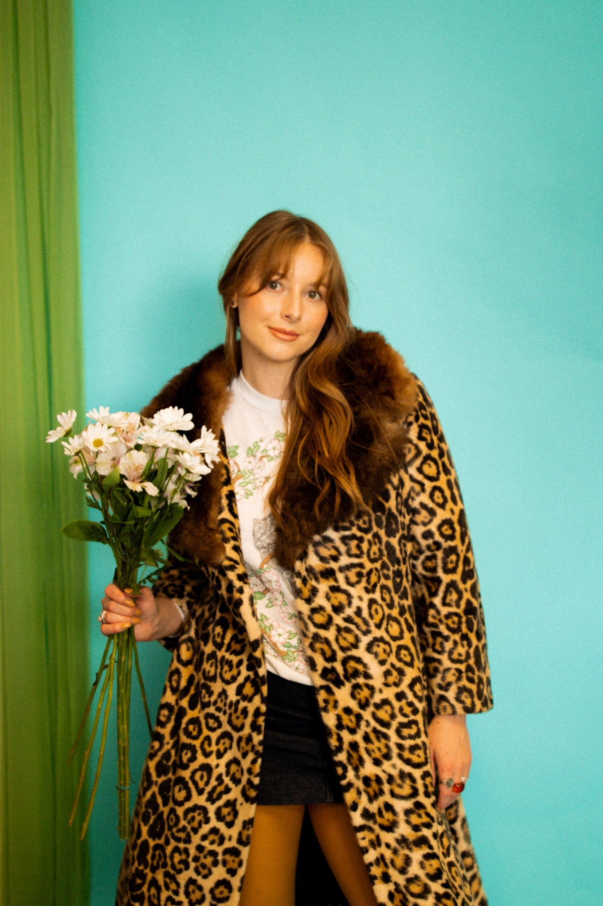 Coat Leopard print, Genuine Fur Trim (tan, black, and brown)