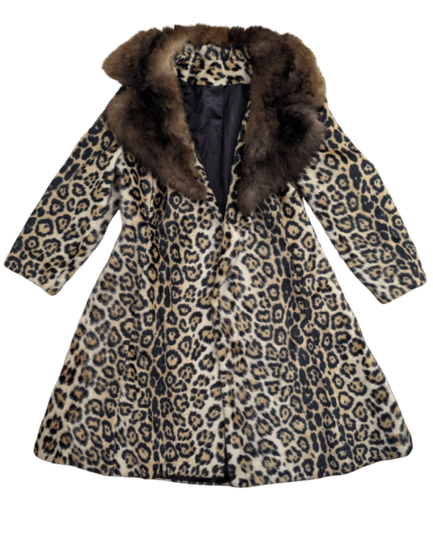 Coat Leopard print, Genuine Fur Trim (tan, black, and brown)