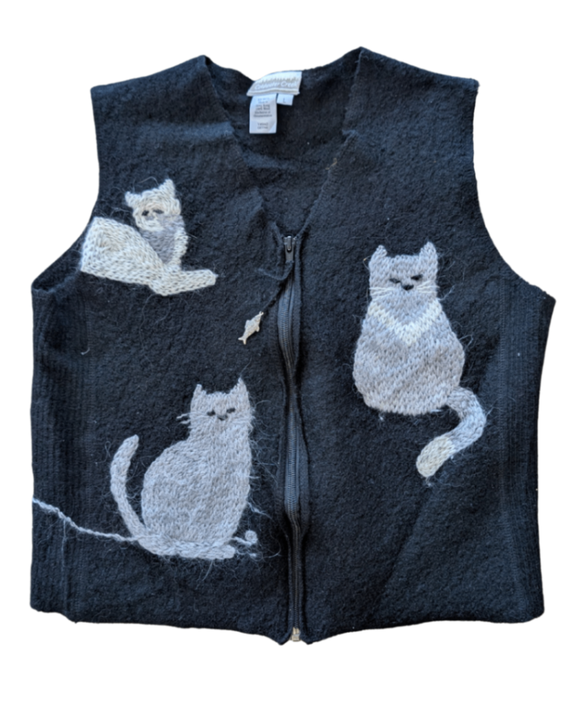 Vintage Wool Cat Zip Up Vest - L