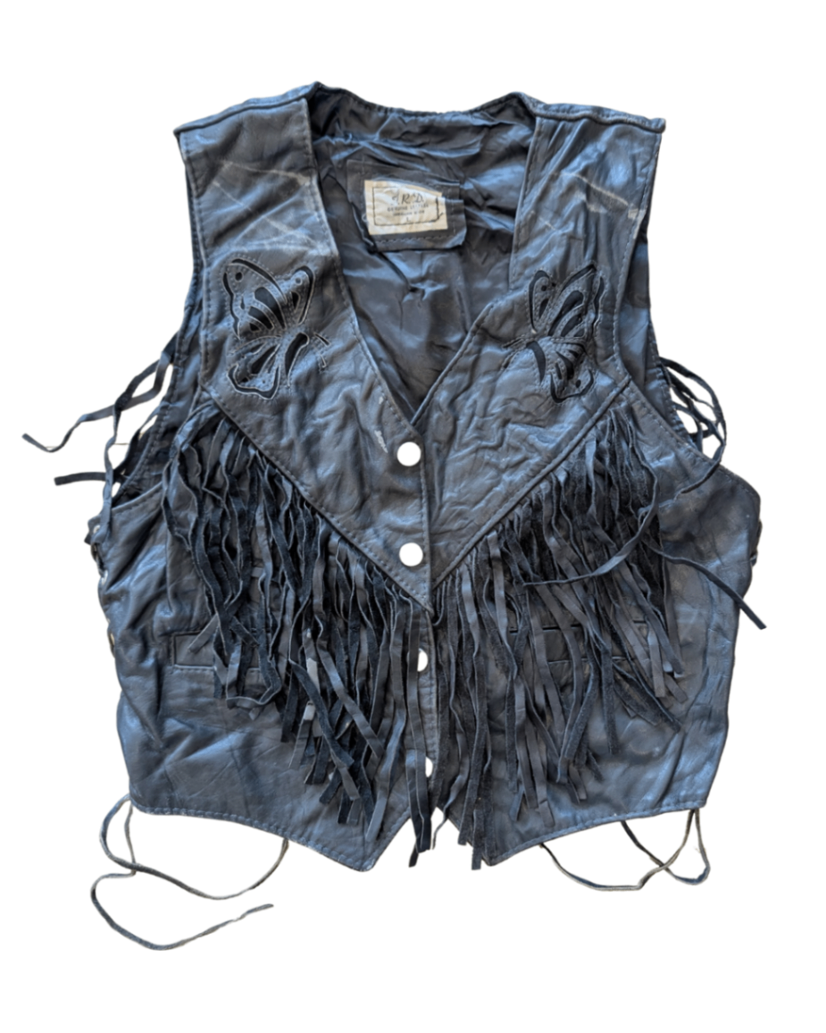 Black Leather Butterfly Fringe Vest