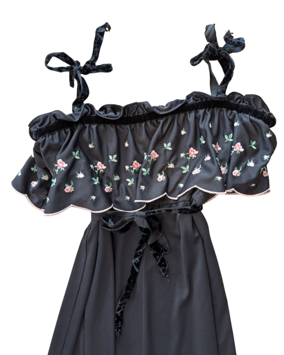 Black Floral Dress with Velvet Details