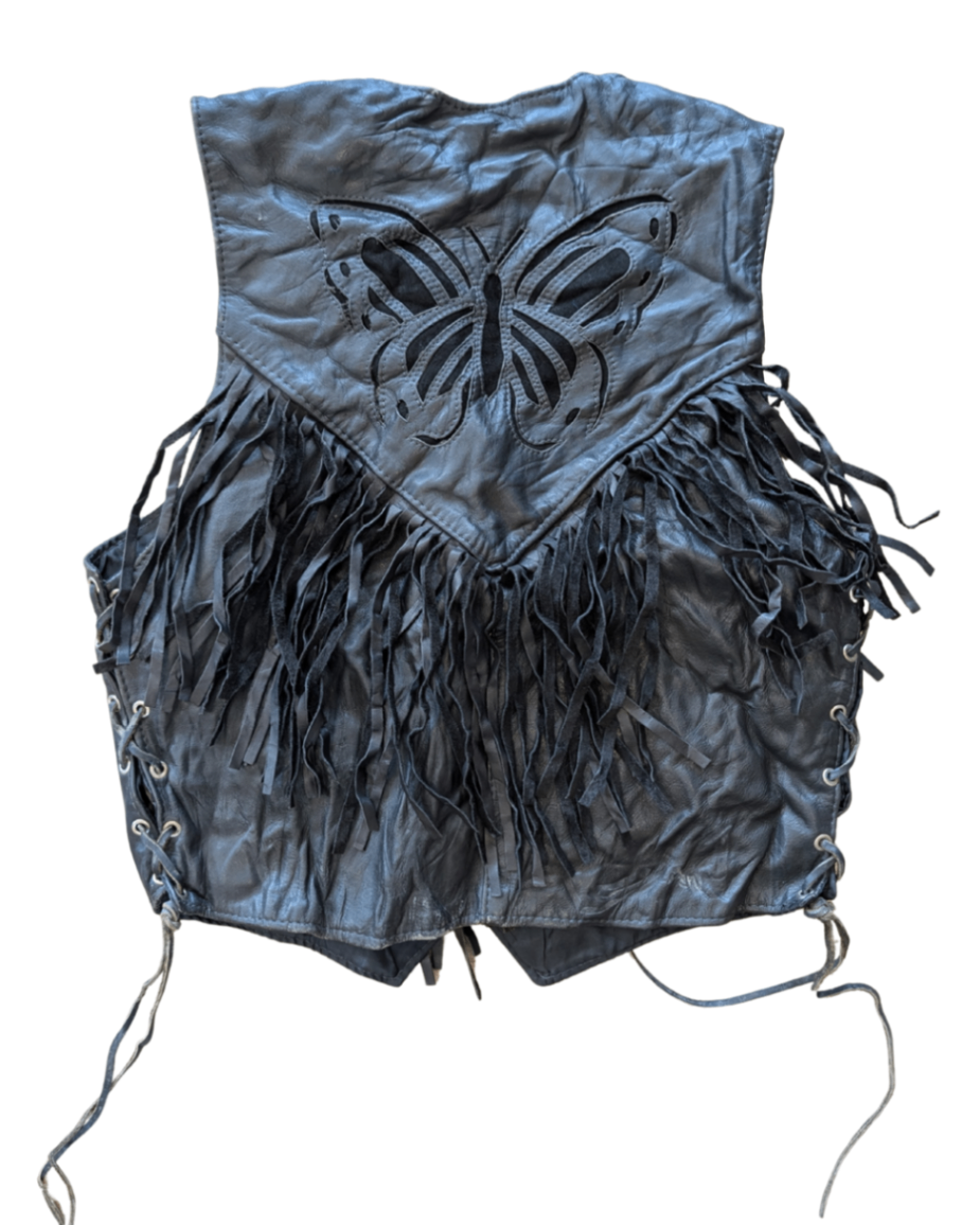 Black Leather Butterfly Fringe Vest