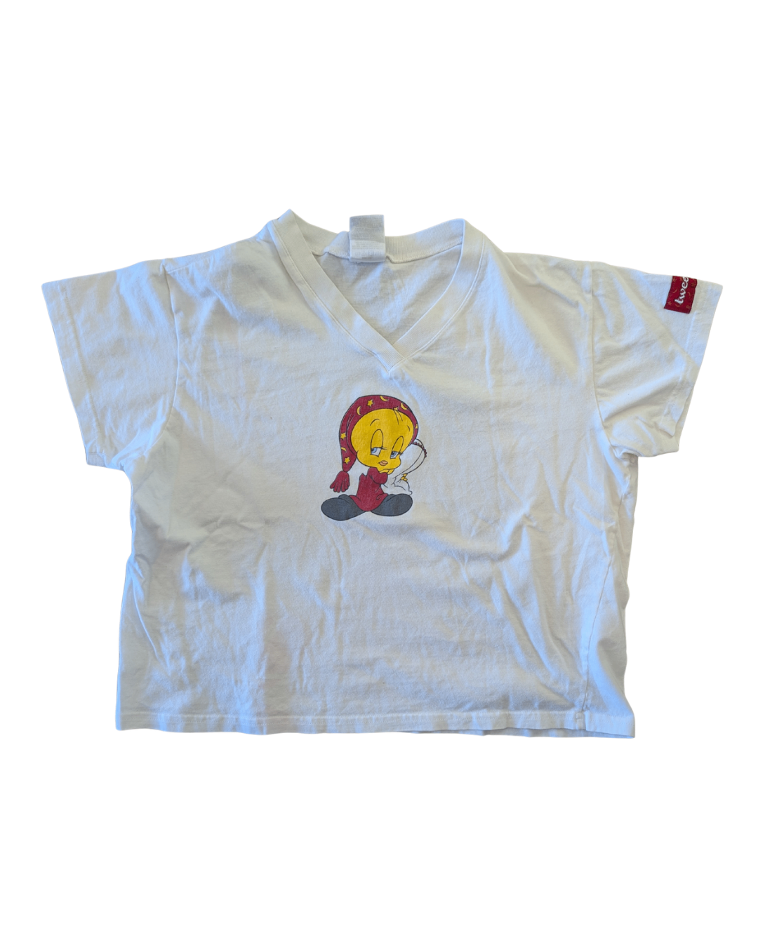 White Tweedy Bird Crop Top - L (pink marks)