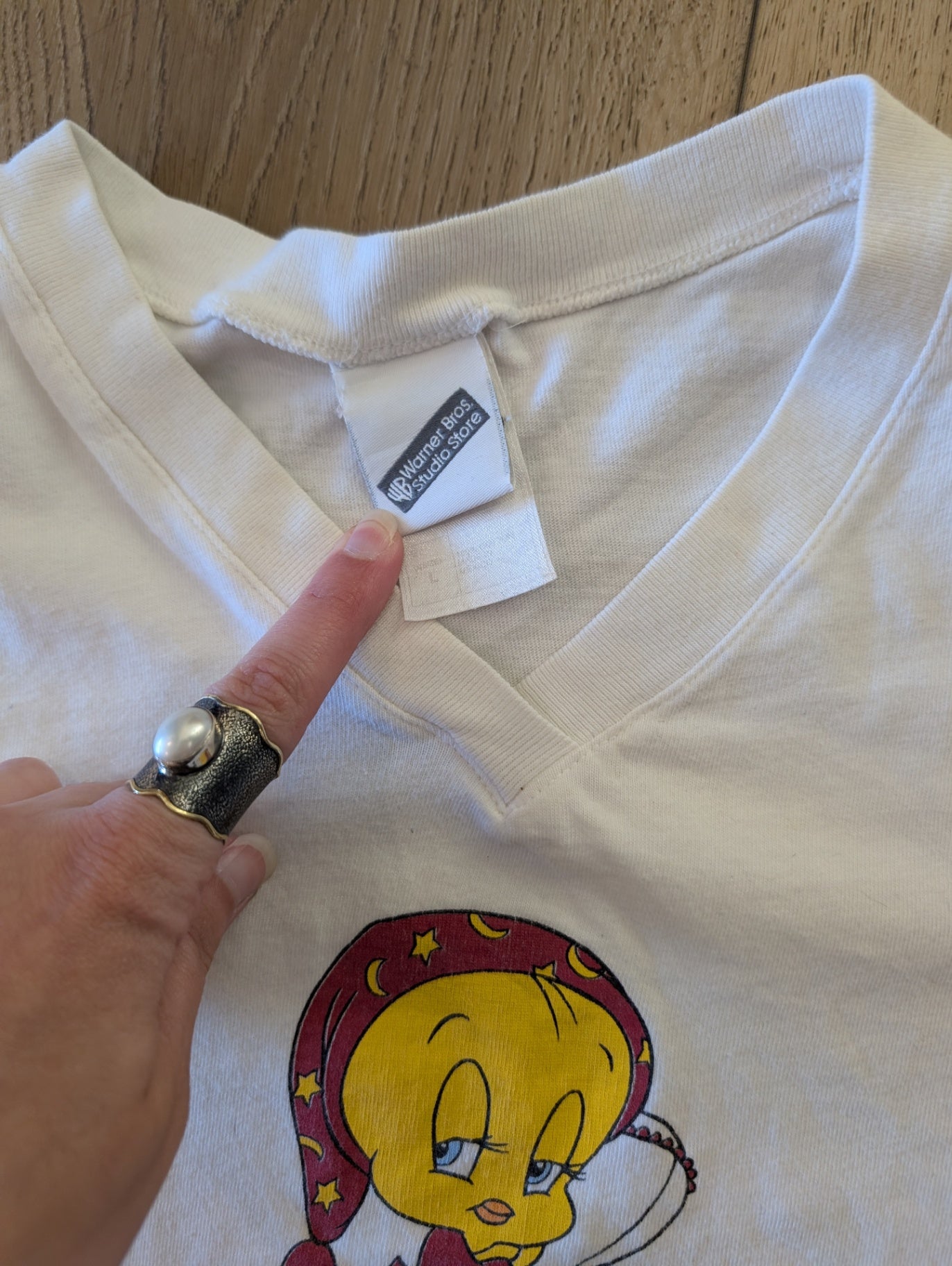 White Tweedy Bird Crop Top - L (pink marks)