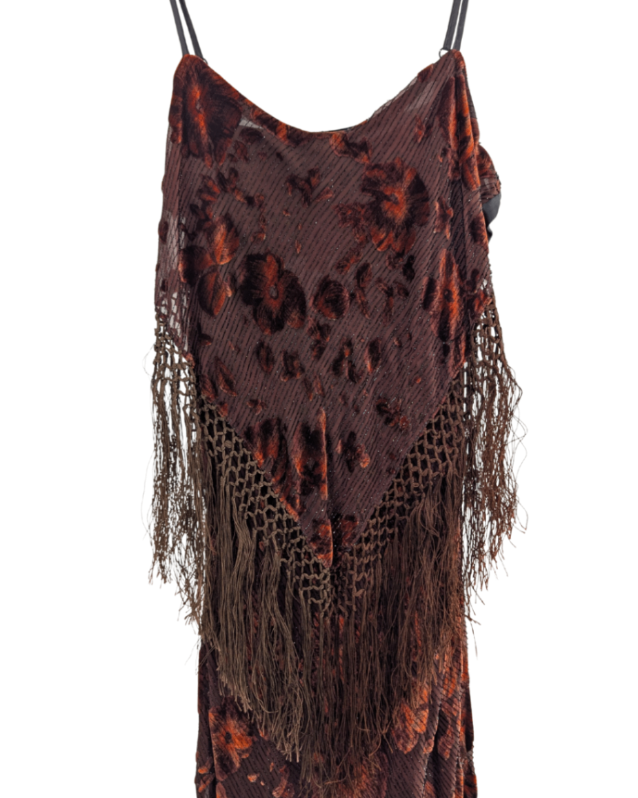 Silk/Velour Blend Floral Tassel Dress - M