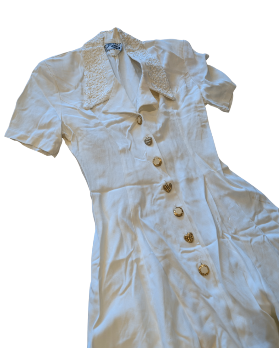 Vintage White Collared Button Dress -5 (small stains)