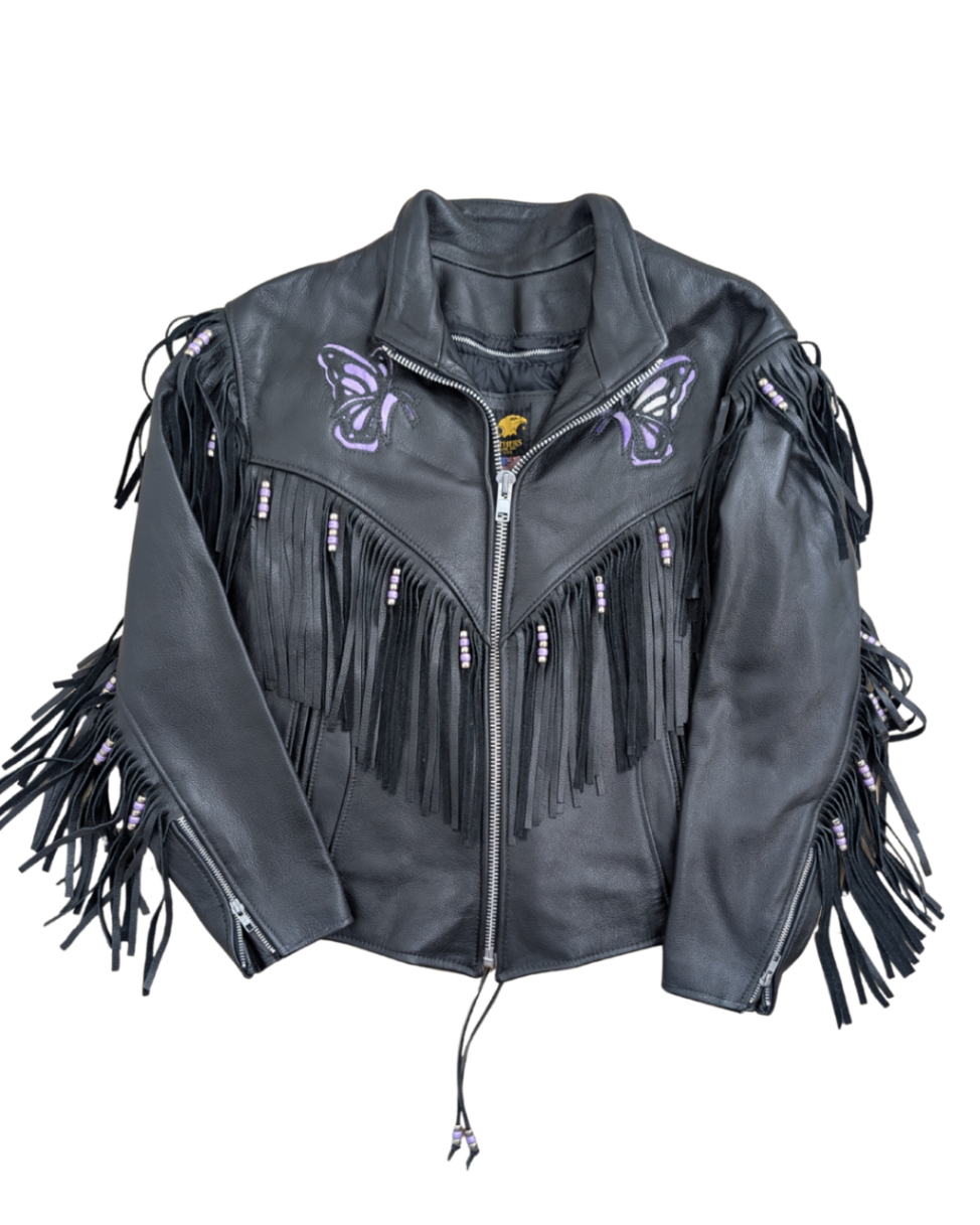 Black Butterfly Fringe Leather Jacket - 14