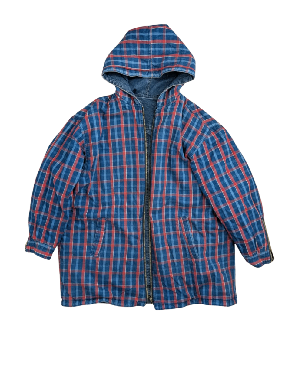 Reversible Denim/Plaid Hooded Zip Up Jacket - XL