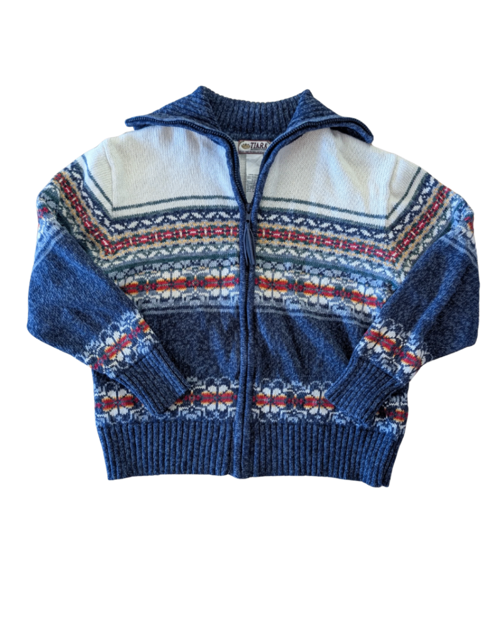 Vintage Blue Floral Knit Zip Up - L