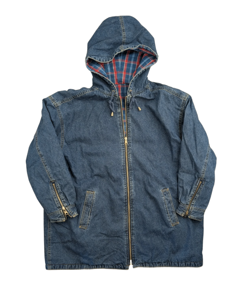 Reversible Denim/Plaid Hooded Zip Up Jacket - XL